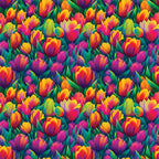 vibrant tulips, rainbow colors, floral pattern, spring flowers, bright pink, golden yellow, purple blooms, orange petals, green leaves,, fabric panel, botanical design, garden theme, colorful blooms, flower field, nature motif, cheerful mood, repeating pattern, densely packed, tulip garden