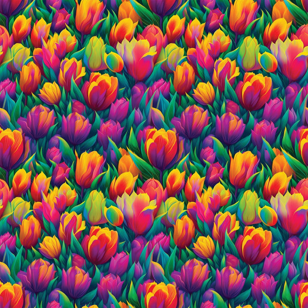 vibrant tulips, rainbow colors, floral pattern, spring flowers, bright pink, golden yellow, purple blooms, orange petals, green leaves,, fabric panel, botanical design, garden theme, colorful blooms, flower field, nature motif, cheerful mood, repeating pattern, densely packed, tulip garden