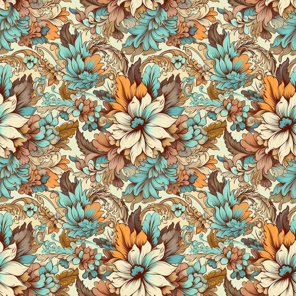 turquoise, cream, burnt orange, chocolate brown, golden tan, floral, damask, vintage, botanical, traditional, elegant, ornate, scrollwork, decorative, leaves, petals, nature-inspired, spring, summer, whimsical, classic, timeless, intricate, detailed, multi-colored, home decor, upholstery, nursery, cottage style, romantic