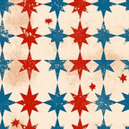 red, blue, cream, beige, patriotic stars, eight-pointed stars, distressed texture, vintage weathered, alternating pattern, geometric design, americana theme,, fabric panel, grunge effect, worn appearance, star motif, repeating pattern, rustic finish, faded look, textured surface