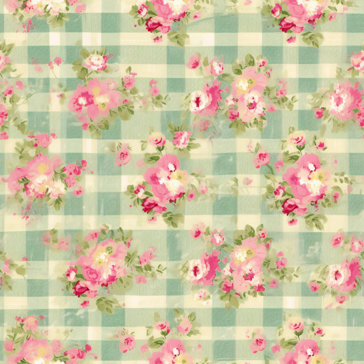 sage green, cream, pink roses, floral bouquets, gingham check, plaid background, vintage flowers, cottage core, shabby chic,, fabric panel, romantic florals, pastel blooms, country style, soft colors, rose clusters, checkered pattern, feminine design, spring flowers