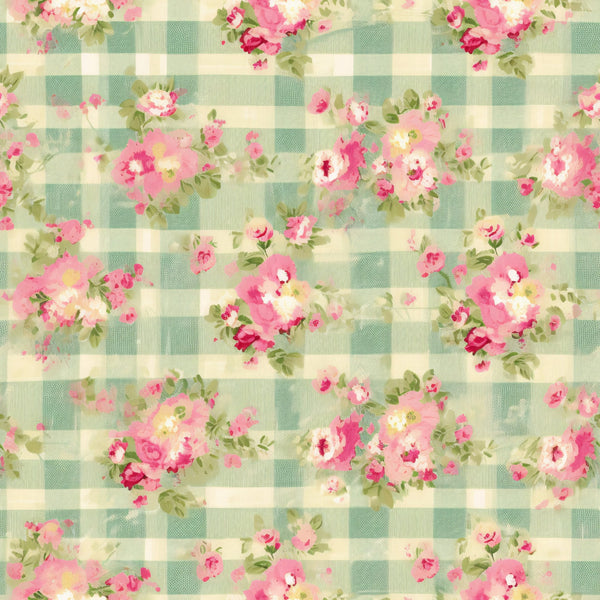 sage green, cream, pink roses, floral bouquets, gingham check, plaid background, vintage flowers, cottage core, shabby chic,, fabric panel, romantic florals, pastel blooms, country style, soft colors, rose clusters, checkered pattern, feminine design, spring flowers