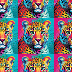 leopard faces, big cat, vibrant neon, electric blue, hot pink, bright yellow, orange, turquoise, pop art style, animal portrait, spotted pattern, whiskers, green eyes, psychedelic colors, rainbow gradient, wildlife motif,, fabric panel, contemporary art, digital print