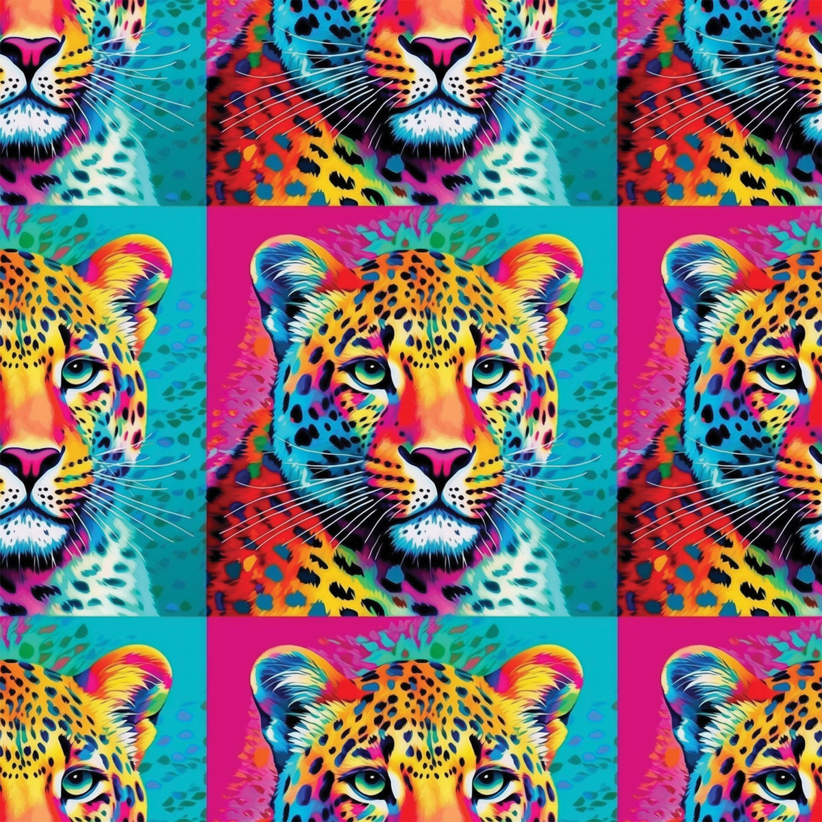leopard faces, big cat, vibrant neon, electric blue, hot pink, bright yellow, orange, turquoise, pop art style, animal portrait, spotted pattern, whiskers, green eyes, psychedelic colors, rainbow gradient, wildlife motif,, fabric panel, contemporary art, digital print