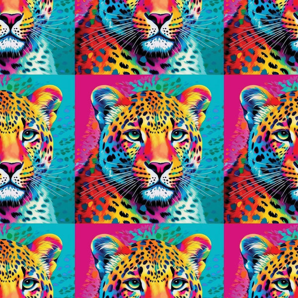 leopard faces, big cat, vibrant neon, electric blue, hot pink, bright yellow, orange, turquoise, pop art style, animal portrait, spotted pattern, whiskers, green eyes, psychedelic colors, rainbow gradient, wildlife motif,, fabric panel, contemporary art, digital print