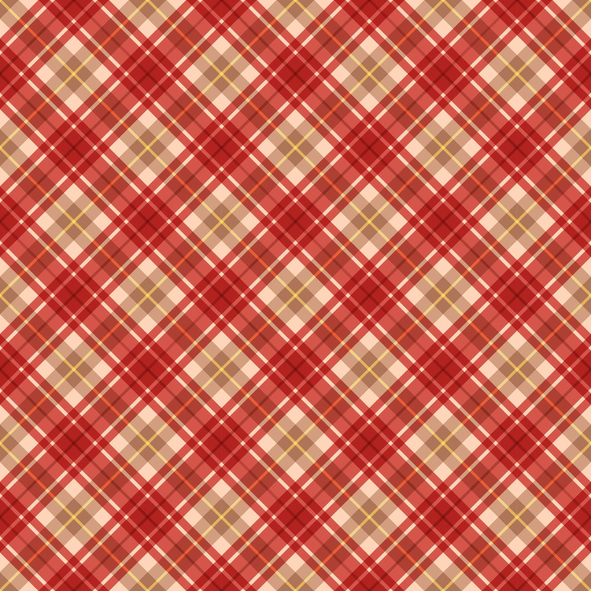 christmas plaid, red tartan, diagonal stripes, cream background, burgundy accents, golden yellow lines, white stripes, crosshatch pattern, holiday fabric,, geometric design, festive colors, textile panel, warm tones, intersecting lines, checkered motif, seasonal fabric, cotton material, craft supplies, patchwork design