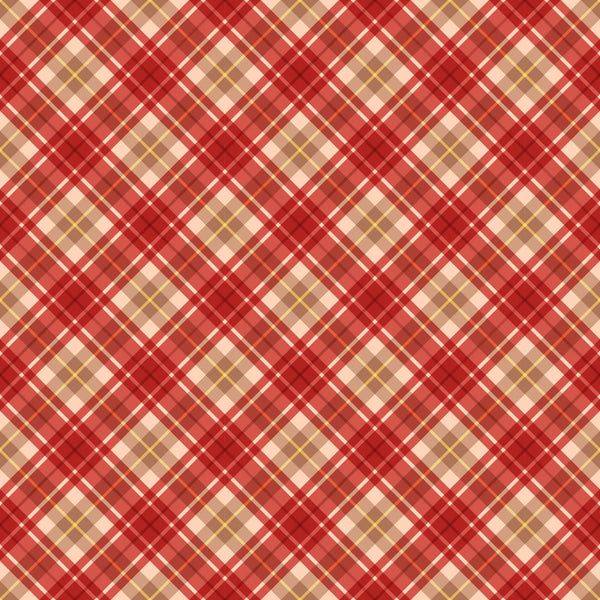 christmas plaid, red tartan, diagonal stripes, cream background, burgundy accents, golden yellow lines, white stripes, crosshatch pattern, holiday fabric,, geometric design, festive colors, textile panel, warm tones, intersecting lines, checkered motif, seasonal fabric, cotton material, craft supplies, patchwork design