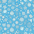 sky blue, white, education icons, school supplies, globes, books, calculators, magnifying glass, atomic symbols, stars, geometric shapes, seamless pattern, line art style, outlined illustrations,, fabric panel, back to school, academic theme, science motifs, scattered design