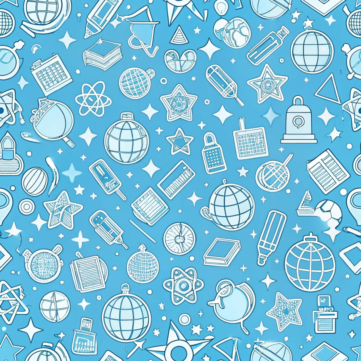 sky blue, white, education icons, school supplies, globes, books, calculators, magnifying glass, atomic symbols, stars, geometric shapes, seamless pattern, line art style, outlined illustrations,, fabric panel, back to school, academic theme, science motifs, scattered design