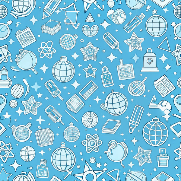 sky blue, white, education icons, school supplies, globes, books, calculators, magnifying glass, atomic symbols, stars, geometric shapes, seamless pattern, line art style, outlined illustrations,, fabric panel, back to school, academic theme, science motifs, scattered design