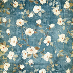 vintage floral, blue background, white flowers, cream blooms, sage green leaves, brown stems, distressed texture, botanical pattern, shabby chic, farmhouse style,, fabric panel, rustic flowers, muted tones, romantic florals, weathered background, cottage core, soft pastels, branching vines, delicate petals