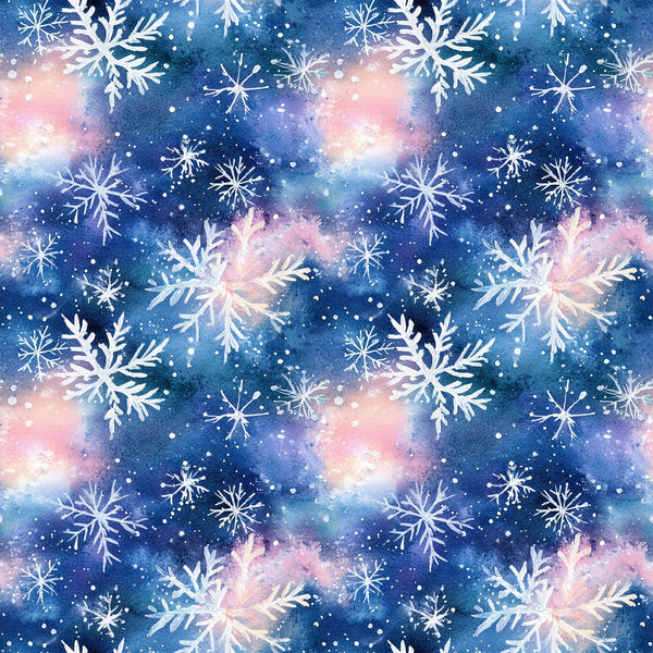 watercolor, blue, pink, purple, snowflakes, winter pattern, christmas fabric,, fabric panel, galaxy background, cosmic colors, repeating pattern, holiday theme, winter wonderland, delicate snowflakes, soft pastels, dreamy atmosphere, seasonal design, cotton fabric, crafting material