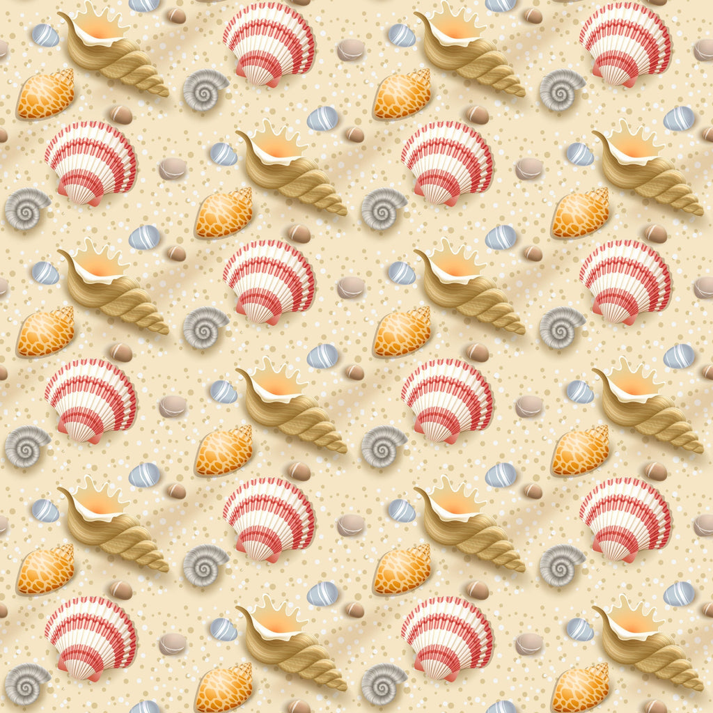 seashells, conch shells, scallop shells, spiral shells, sandy beige, coral red, orange, blue striped, nautical pattern, beach theme, summer motif, ocean shells, seaside design, repeating pattern,, fabric panel, marine life, coastal style, shell collection, dotted sand texture