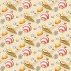 seashells, conch shells, scallop shells, spiral shells, sandy beige, coral red, orange, blue striped, nautical pattern, beach theme, summer motif, ocean shells, seaside design, repeating pattern,, fabric panel, marine life, coastal style, shell collection, dotted sand texture