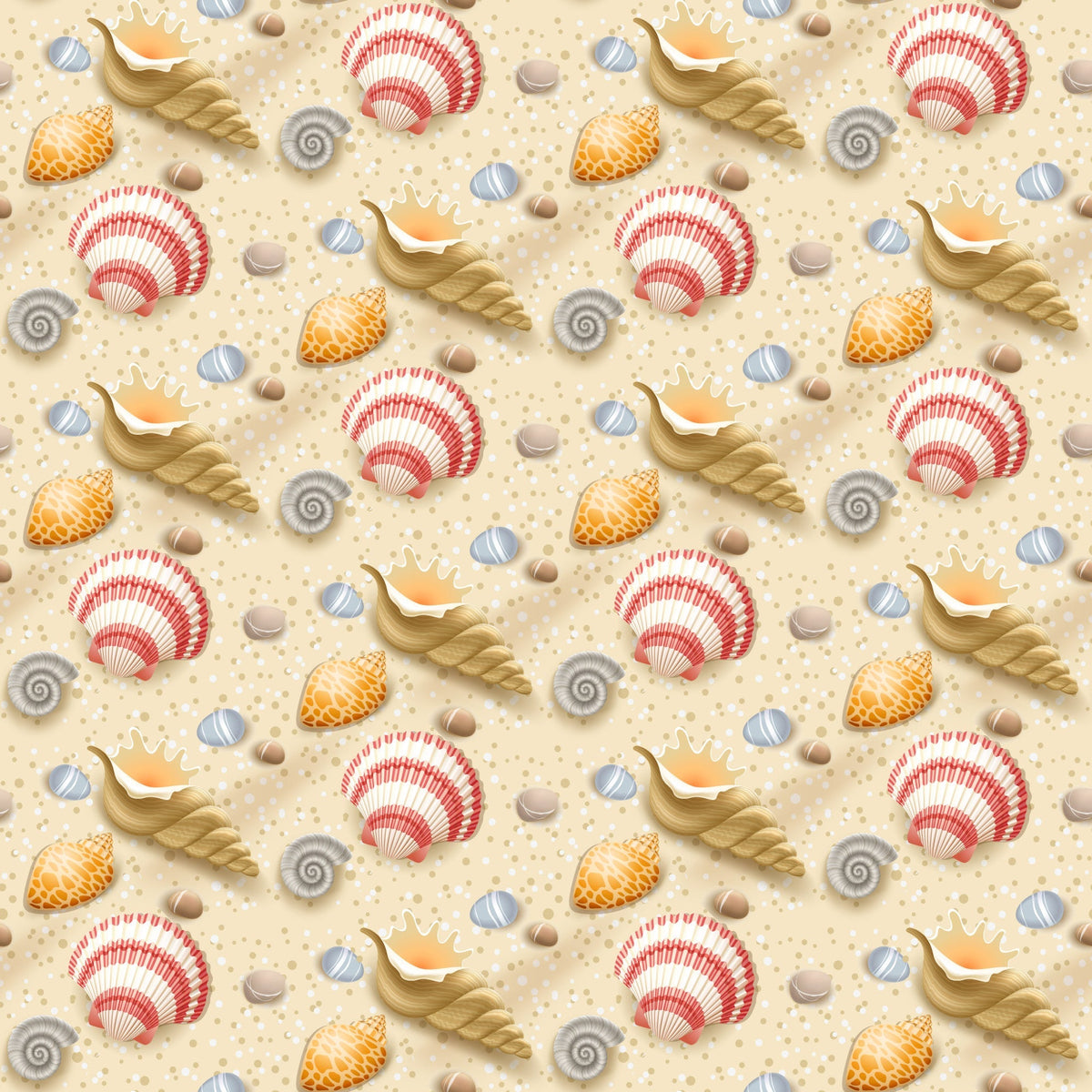 seashells, conch shells, scallop shells, spiral shells, sandy beige, coral red, orange, blue striped, nautical pattern, beach theme, summer motif, ocean shells, seaside design, repeating pattern,, fabric panel, marine life, coastal style, shell collection, dotted sand texture