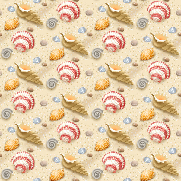 seashells, conch shells, scallop shells, spiral shells, sandy beige, coral red, orange, blue striped, nautical pattern, beach theme, summer motif, ocean shells, seaside design, repeating pattern,, fabric panel, marine life, coastal style, shell collection, dotted sand texture