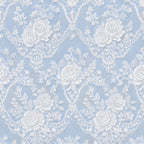 periwinkle blue, light blue, soft blue, white, cream, floral, roses, lace, vintage, elegant, romantic, traditional, delicate, ornate, botanical, damask, intricate, shabby chic, cottage core, classic, timeless, wedding, bridal, feminine, spring, garden, nature, embroidered look, detailed pattern, heirloom