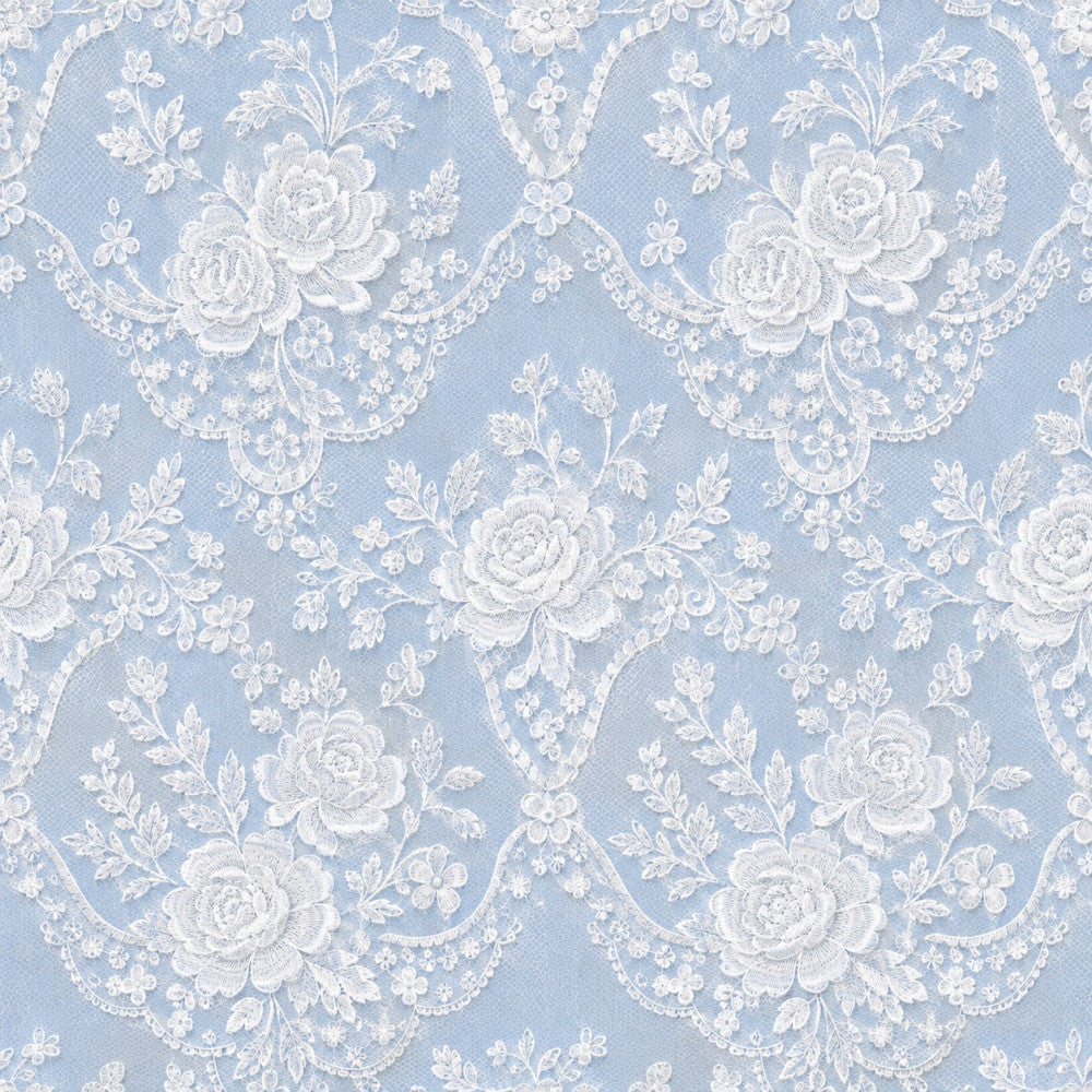 periwinkle blue, light blue, soft blue, white, cream, floral, roses, lace, vintage, elegant, romantic, traditional, delicate, ornate, botanical, damask, intricate, shabby chic, cottage core, classic, timeless, wedding, bridal, feminine, spring, garden, nature, embroidered look, detailed pattern, heirloom