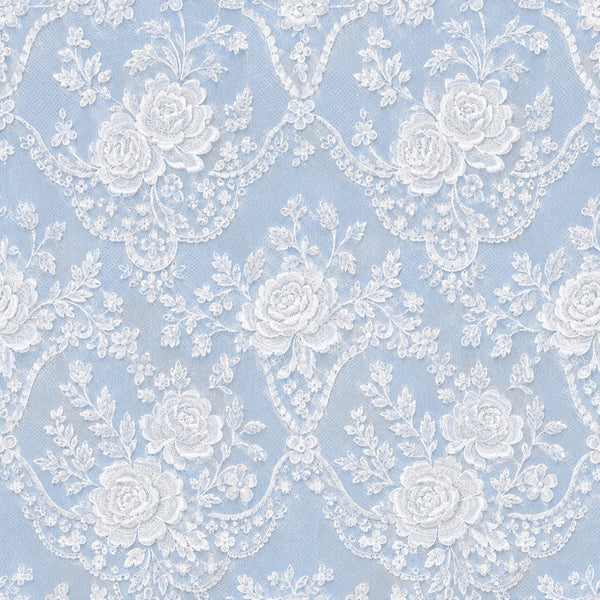periwinkle blue, light blue, soft blue, white, cream, floral, roses, lace, vintage, elegant, romantic, traditional, delicate, ornate, botanical, damask, intricate, shabby chic, cottage core, classic, timeless, wedding, bridal, feminine, spring, garden, nature, embroidered look, detailed pattern, heirloom
