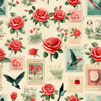 vintage stamps, red roses, coral pink, cream background, hummingbirds, postal theme, floral motifs,, fabric panel, romantic pattern, botanical design, nostalgic style, stamp collection, bird illustrations, rose blooms, green leaves, retro aesthetic, cottage core, nature elements, soft pastels