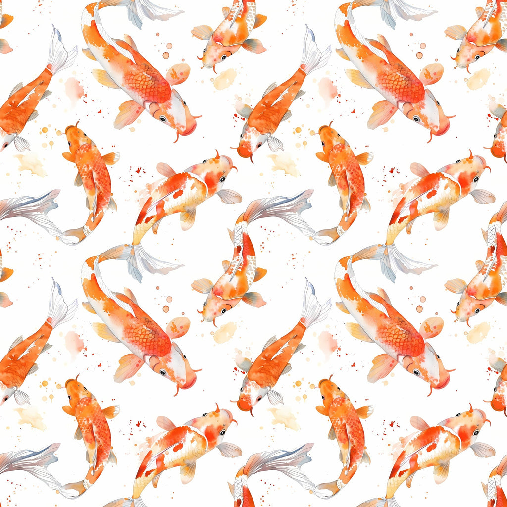 watercolor fish, koi fish, orange fish, coral colors, peach tones, gray fins, swimming fish, aquatic pattern, seamless repeat, watercolor splashes, asian inspired, pond fish, flowing fins, soft pastels,, fabric panel, serene mood, nature design, fish scales, graceful movement