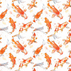 watercolor fish, koi fish, orange fish, coral colors, peach tones, gray fins, swimming fish, aquatic pattern, seamless repeat, watercolor splashes, asian inspired, pond fish, flowing fins, soft pastels,, fabric panel, serene mood, nature design, fish scales, graceful movement