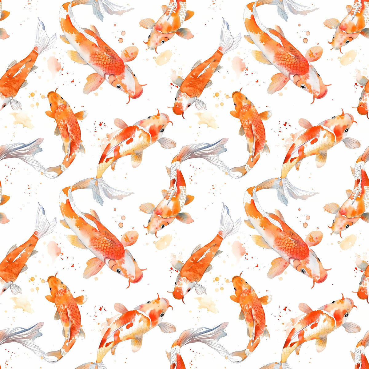 watercolor fish, koi fish, orange fish, coral colors, peach tones, gray fins, swimming fish, aquatic pattern, seamless repeat, watercolor splashes, asian inspired, pond fish, flowing fins, soft pastels,, fabric panel, serene mood, nature design, fish scales, graceful movement