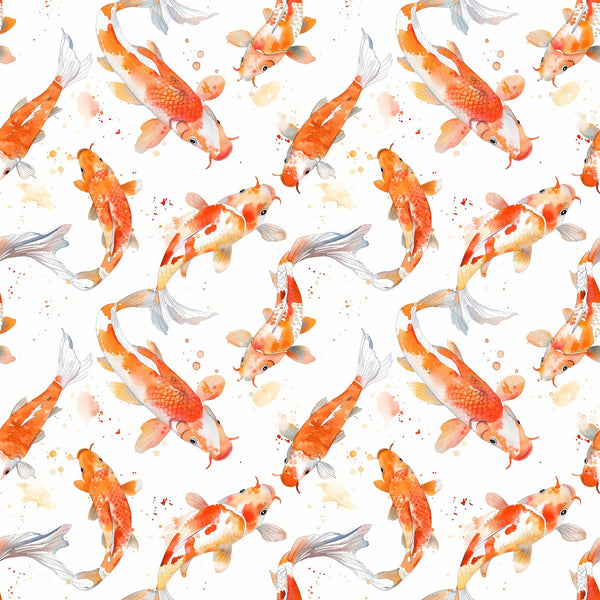 watercolor fish, koi fish, orange fish, coral colors, peach tones, gray fins, swimming fish, aquatic pattern, seamless repeat, watercolor splashes, asian inspired, pond fish, flowing fins, soft pastels,, fabric panel, serene mood, nature design, fish scales, graceful movement