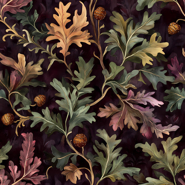 deep plum, dusty rose, forest green, sage green, golden yellow, bronze, burgundy, floral, botanical, vintage, elegant, traditional, nature, leaves, oak leaves, berries, seed pods, ornamental, damask, autumnal, autumn, fall, sophisticated, classic, garden, natural, transitional, decorative foliage