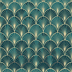 teal green, gold, cream, art deco, fan pattern, scalloped motifs, geometric design, radiating lines, repetitive pattern, vintage style, elegant, sophisticated,, fabric panel, luxurious, ornamental, peacock feathers, shell pattern, 1920s inspired, decorative motifs