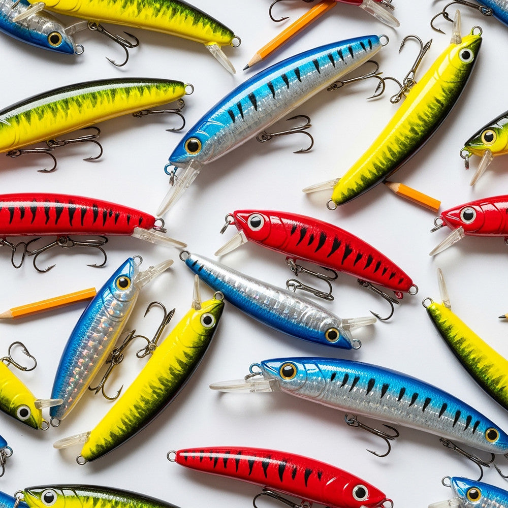 fishing lures, fishing tackle, fishing theme, fish, bright yellow, vibrant red, cobalt blue, silver, metallic, sports, outdoor recreation, fishing equipment, hooks, realistic, detailed, playroom, kids room, boy's room, adventure, summer, active lifestyle, hobbies, water sports, cast and catch, fishing themed decor, bold colors, eye-catching
