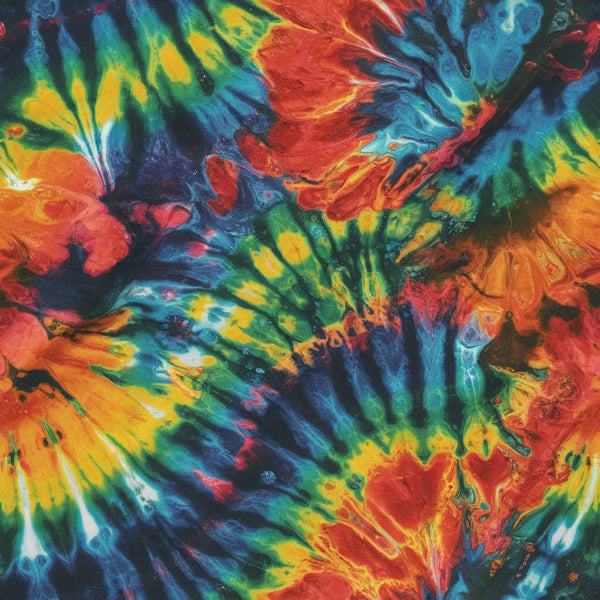 tie dye, psychedelic, swirled pattern, vibrant colors, electric blue, bright red, neon green, golden yellow, orange, rainbow colors, fluid design, abstract art, retro style, groovy pattern, cotton fabric, quilting panel, flowing movement, colorful swirls, hippie aesthetic, kaleidoscope effect