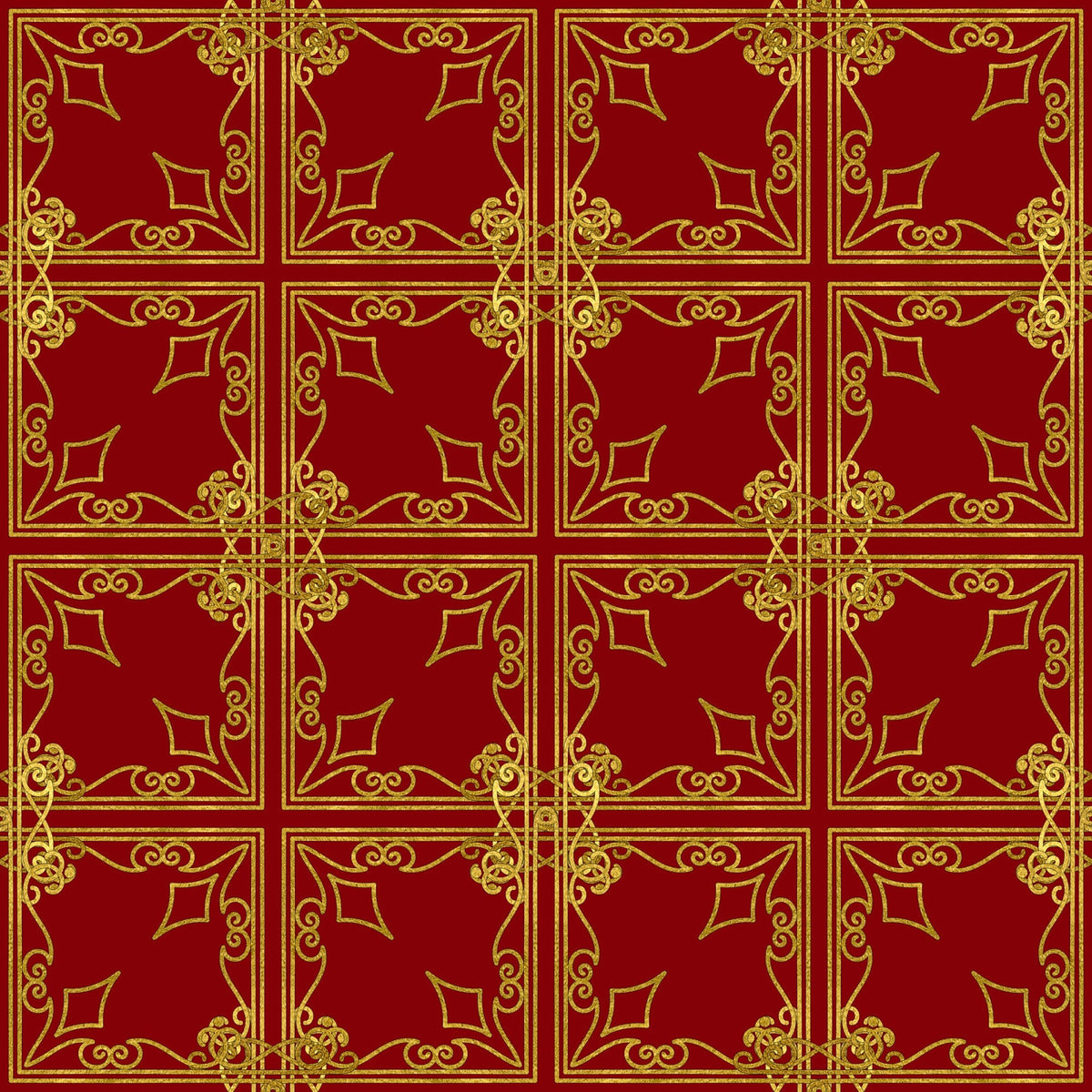 red, gold, burgundy, ornate scrollwork, decorative flourishes, geometric squares, repeating pattern, elegant motifs, victorian style, christmas fabric,, fabric panel, holiday theme, intricate borders, symmetrical design, festive colors, ornamental design, luxurious appearance