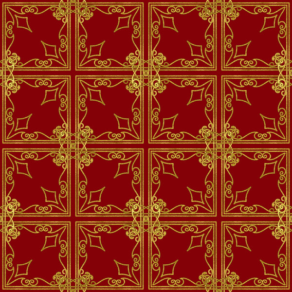red, gold, burgundy, ornate scrollwork, decorative flourishes, geometric squares, repeating pattern, elegant motifs, victorian style, christmas fabric,, fabric panel, holiday theme, intricate borders, symmetrical design, festive colors, ornamental design, luxurious appearance