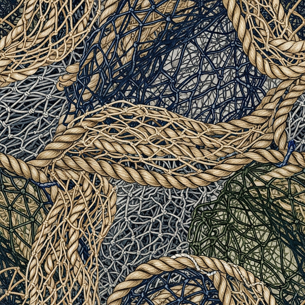 navy blue, tan, cream, beige, forest green, rope pattern, twisted rope, nautical, maritime, coastal, abstract, organic, nature-inspired, textured, layered, boho, bohemian, rustic, rustic coastal, vintage nautical, ocean theme, seaside, beach house, home decor, decorative panel, modern rustic, handcrafted look, intricate detail, earthy tones, natural fibers aesthetic