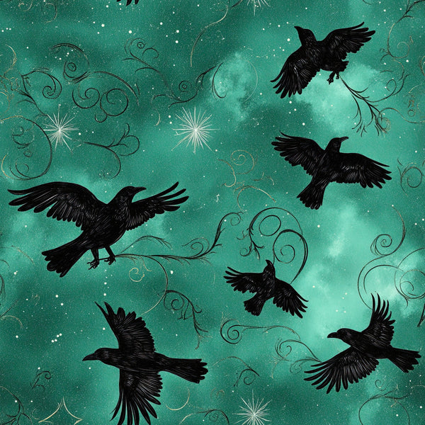 teal, turquoise, emerald green, black, celestial, starry, night sky, birds, ravens, crows, flying birds, magical, whimsical, mystical, gothic, elegant, ornamental, scrollwork, nature, woodland, enchanted, dreamy, spooky, dark academia, fantasy, silhouettes, wings, nursery, blanket, soft