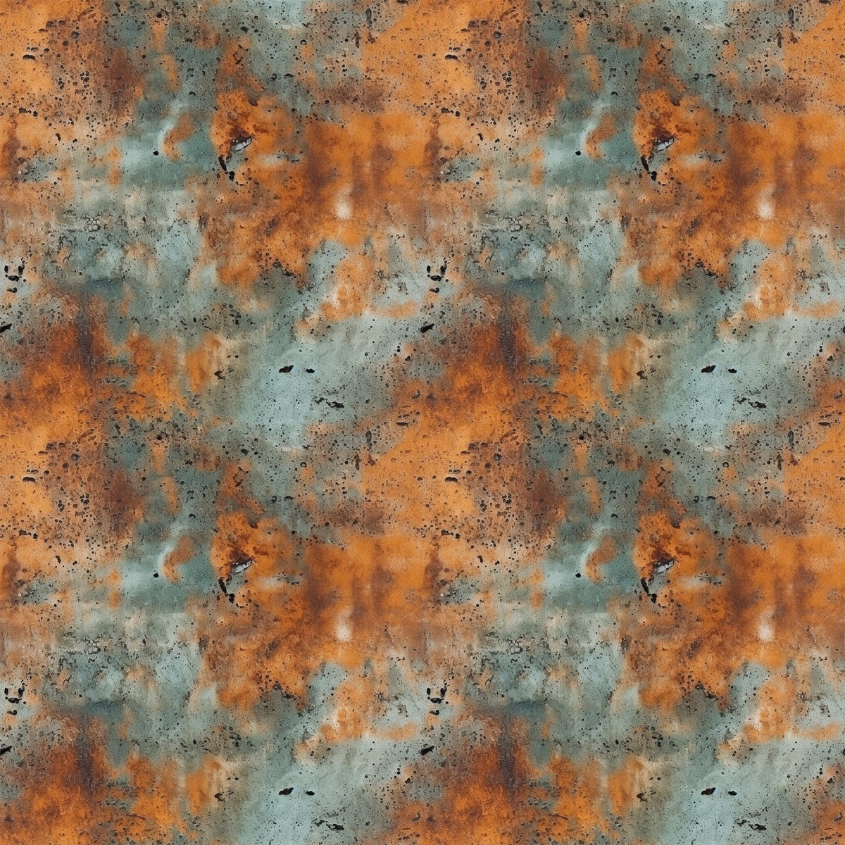 rust orange, teal green, weathered metal, oxidized surface, corrosion pattern, industrial texture, distressed finish, metal patina, grunge aesthetic, abstract design,, fabric panel, aged metal, copper tones, verdigris, textural pattern, seamless repeat, oxidation effect, metallic appearance