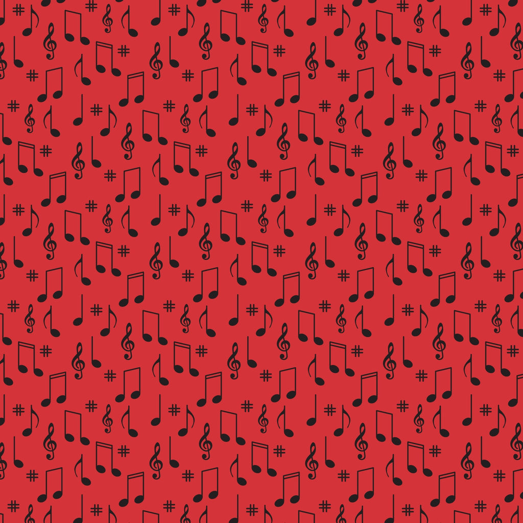 red background, black musical notes, treble clef, sharp symbols, music notes, scattered pattern,, fabric panel, retro style, 1950s inspired, diner theme, musical symbols, repeating motif, vibrant red, contrasting colors, nostalgic design, mid-century modern, music themed, geometric arrangement