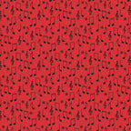red background, black musical notes, treble clef, sharp symbols, music notes, scattered pattern,, fabric panel, retro style, 1950s inspired, diner theme, musical symbols, repeating motif, vibrant red, contrasting colors, nostalgic design, mid-century modern, music themed, geometric arrangement