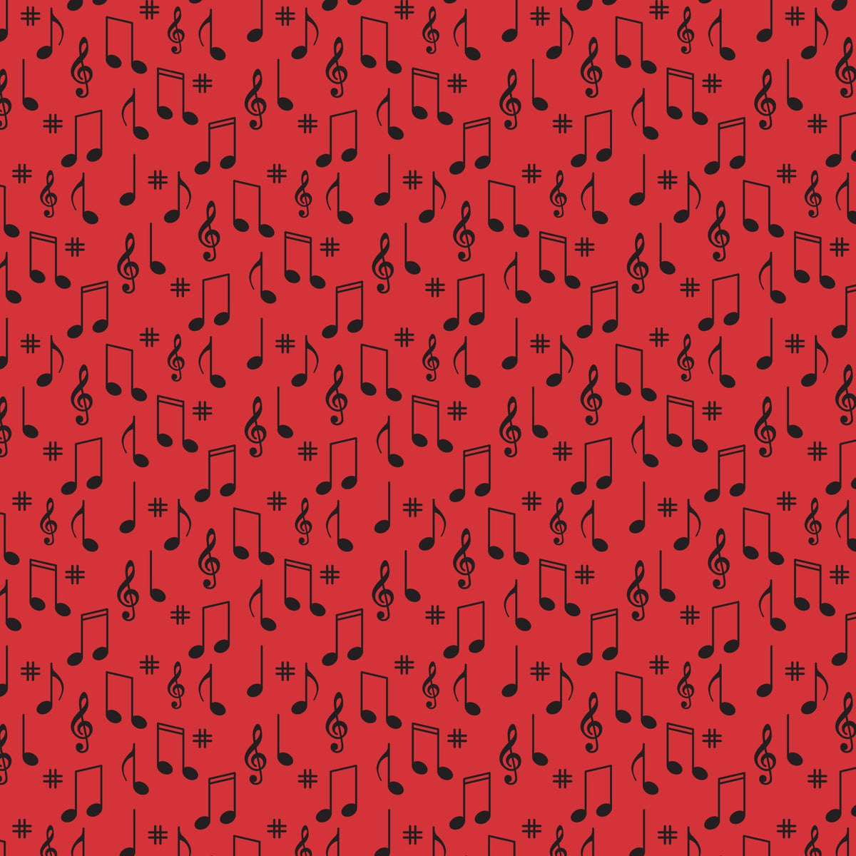 red background, black musical notes, treble clef, sharp symbols, music notes, scattered pattern,, fabric panel, retro style, 1950s inspired, diner theme, musical symbols, repeating motif, vibrant red, contrasting colors, nostalgic design, mid-century modern, music themed, geometric arrangement