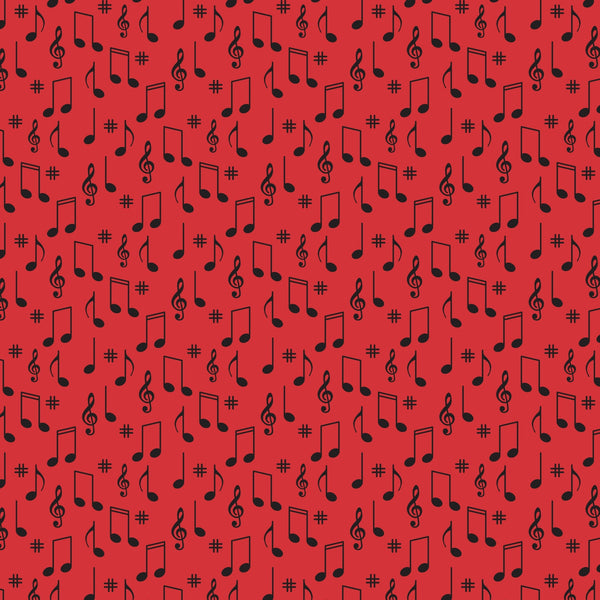 red background, black musical notes, treble clef, sharp symbols, music notes, scattered pattern,, fabric panel, retro style, 1950s inspired, diner theme, musical symbols, repeating motif, vibrant red, contrasting colors, nostalgic design, mid-century modern, music themed, geometric arrangement