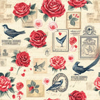 cream background, red roses, pink roses, vintage birds, postage stamps, romantic florals, antique style, love theme,, fabric panel, dusty blue birds, rose petals, postal elements, shabby chic, victorian inspired, floral motifs, vintage ephemera, cottage core, romantic pattern, botanical design