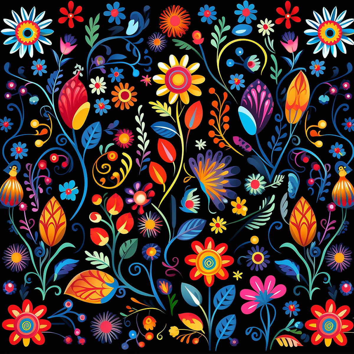 mexican floral, vibrant flowers, black background, red blooms, blue petals, yellow centers, orange leaves, purple florals, pink blossoms, decorative swirls, folk art style, botanical motifs, colorful paisley, festive pattern,, fabric panel, bright colors, whimsical design, floral fiesta, cheerful mood