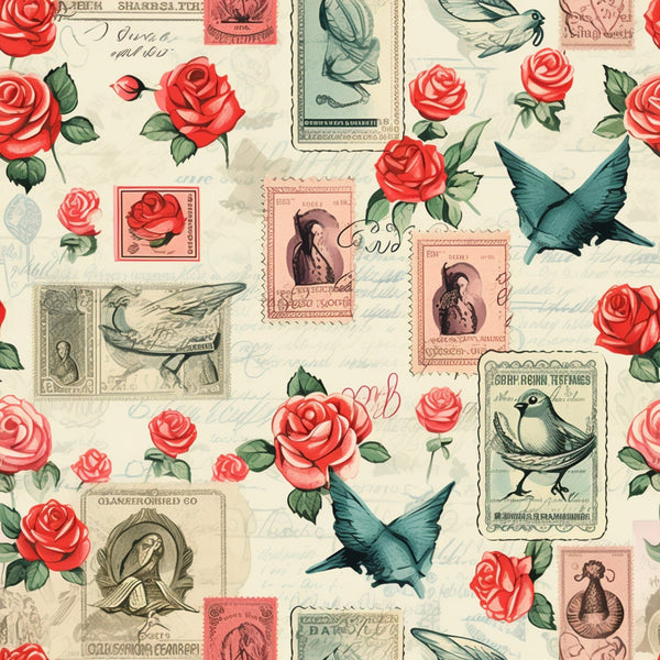 vintage stamps, red roses, coral pink, teal blue, cream background, swallows, birds, floral motifs, postal theme, romantic imagery,, fabric panel, nostalgic pattern, postage stamps, flying birds, rose blooms, green leaves, antique style, love theme, cotton fabric