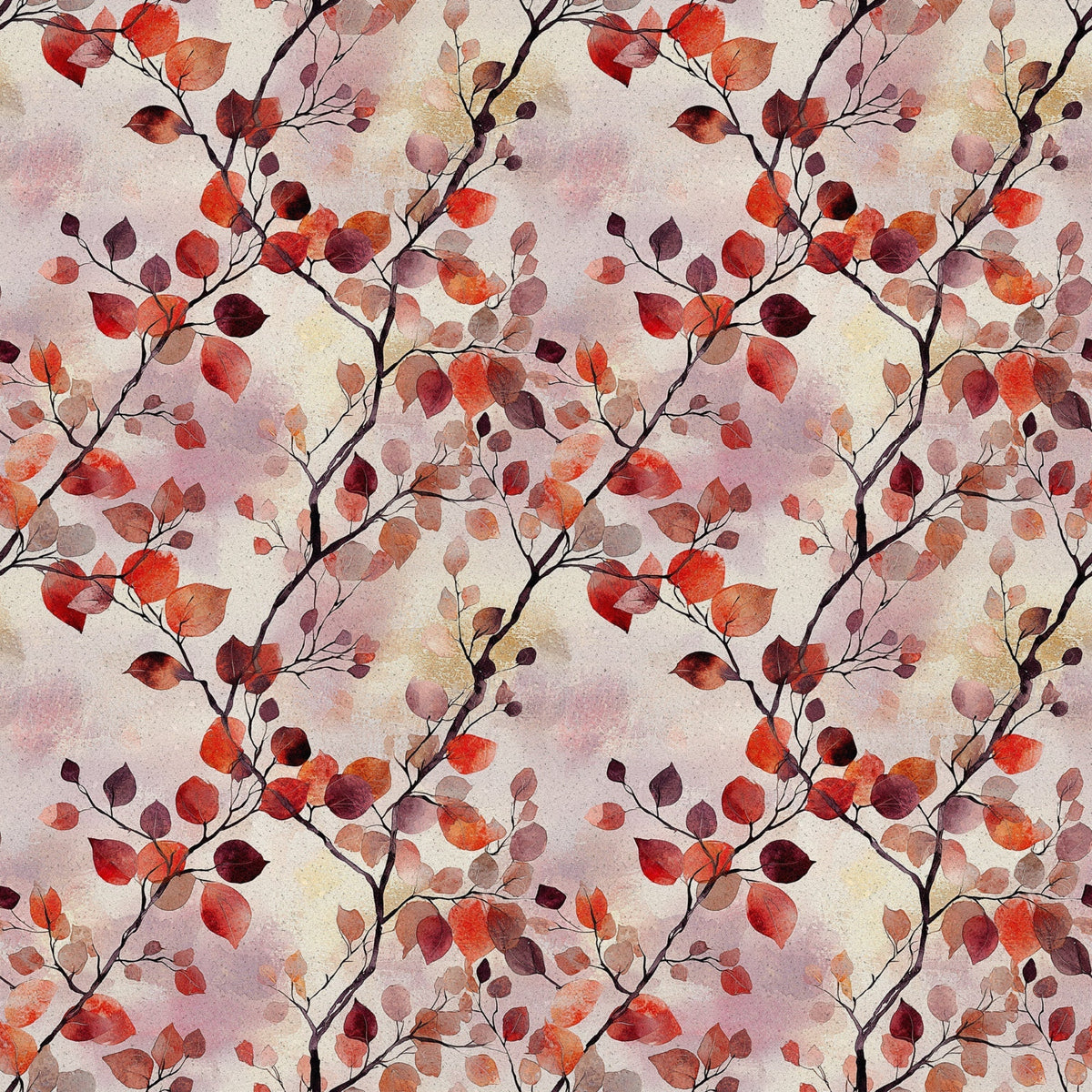 red, orange, burgundy, coral, autumn leaves, watercolor style, botanical pattern, branch motif, fall foliage,, fabric panel, seasonal design, warm tones, nature inspired, repeating pattern, artistic watercolor, autumn theme, leaf branches, organic shapes, textile design