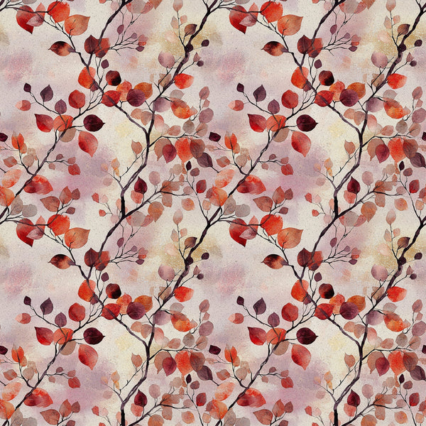 red, orange, burgundy, coral, autumn leaves, watercolor style, botanical pattern, branch motif, fall foliage,, fabric panel, seasonal design, warm tones, nature inspired, repeating pattern, artistic watercolor, autumn theme, leaf branches, organic shapes, textile design