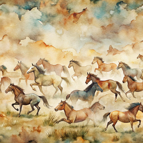 wild horses, galloping horses, watercolor style, earth tones, brown, tan, beige, cream, dusty blue, orange accents, cloudy sky, prairie scene, western theme, nature scene,, fabric panel, artistic rendering, soft brushstrokes, equestrian motif, herd of horses