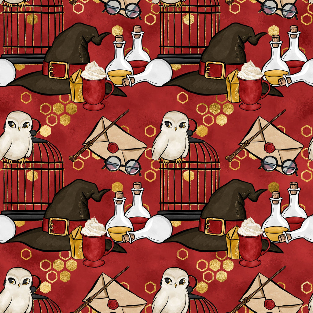 burgundy red, deep crimson, gold accents, witch hat, potion bottles, owl, birdcage, eyeglasses, magic wand, envelope, hexagon pattern,, fabric panel, wizard theme, magical elements, whimsical illustrations, cartoon style, school supplies, mystical objects, repeating pattern