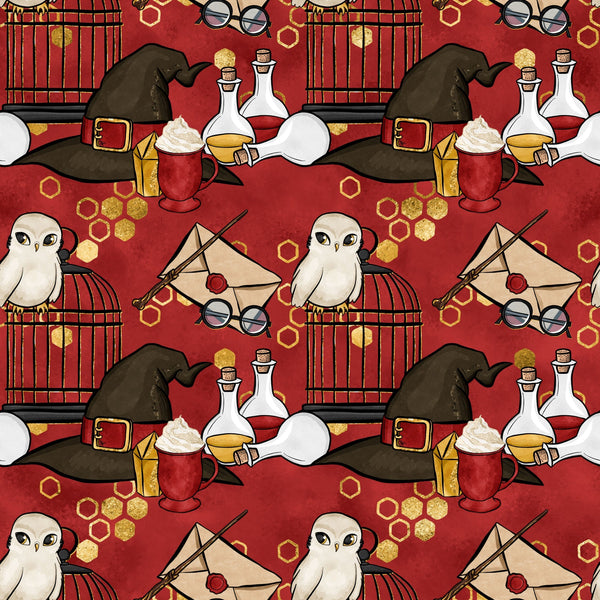 burgundy red, deep crimson, gold accents, witch hat, potion bottles, owl, birdcage, eyeglasses, magic wand, envelope, hexagon pattern,, fabric panel, wizard theme, magical elements, whimsical illustrations, cartoon style, school supplies, mystical objects, repeating pattern