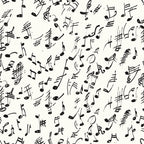 black and white, musical notes, handwritten style, treble clef, sheet music, scattered pattern, monochrome,, fabric panel, music theme, artistic script, flowing design, creative pattern, craft fabric, sewing material, musical symbols, organic layout, sketchy style, contemporary design